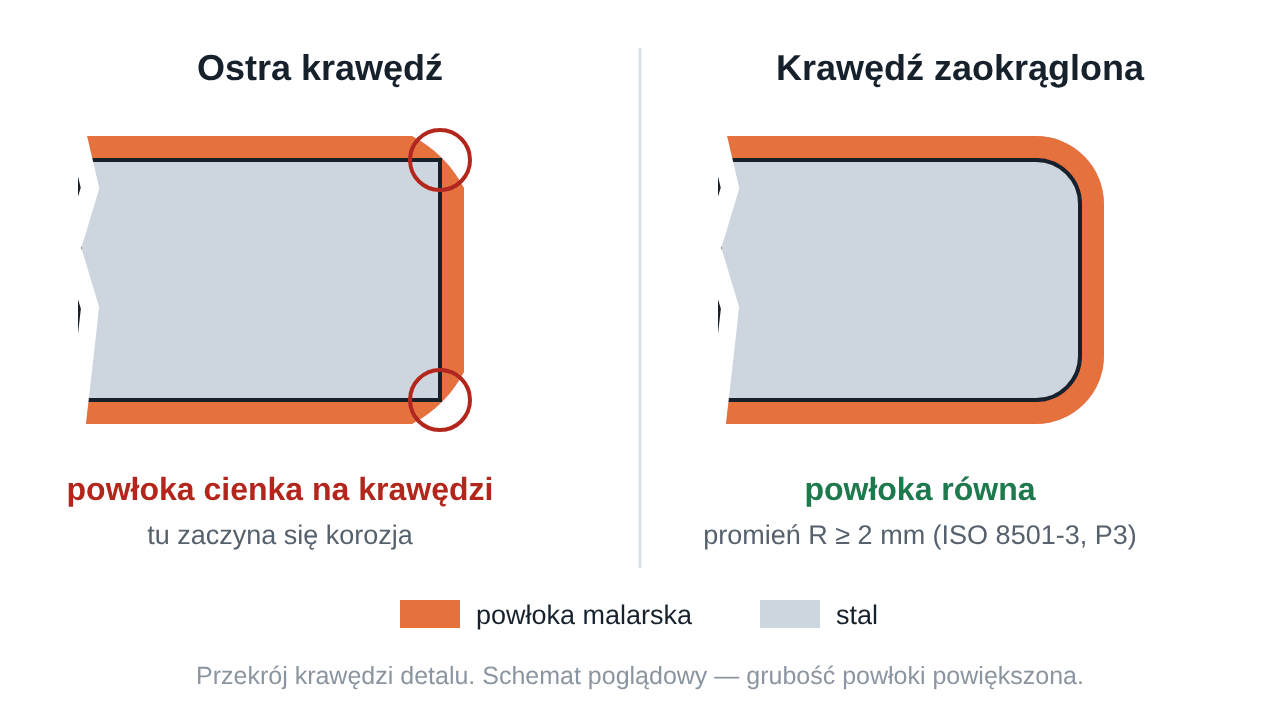 Powłoka malarska na ostrej i na zaokrąglonej krawędzi detalu — schemat poglądowy