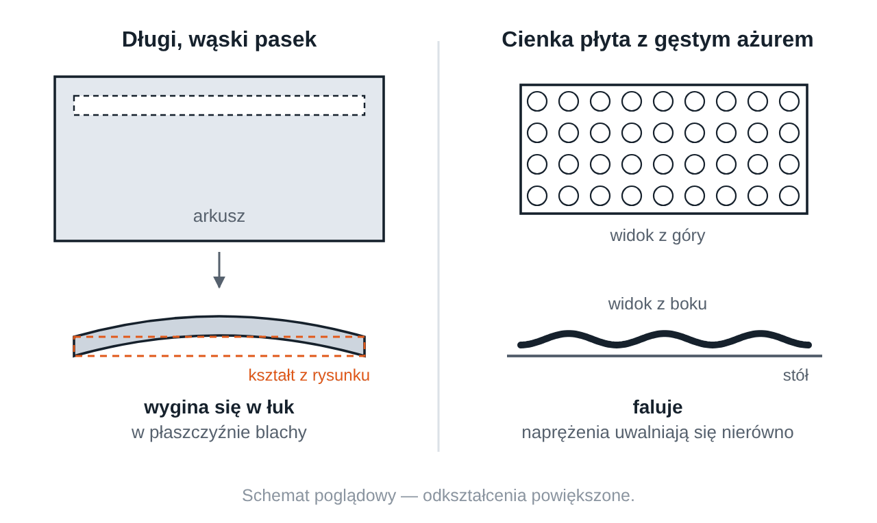 Długi pasek wygięty w łuk i falowanie cienkiej płyty z ażurem po wycięciu z arkusza — schemat poglądowy